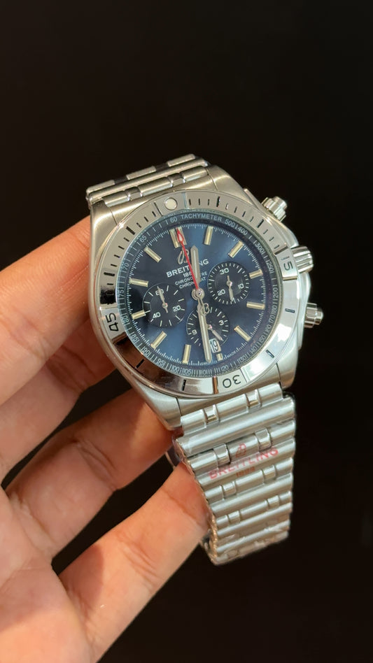 Brietling | Silver Chronomat Chain | Black Chrono |Blue Dial