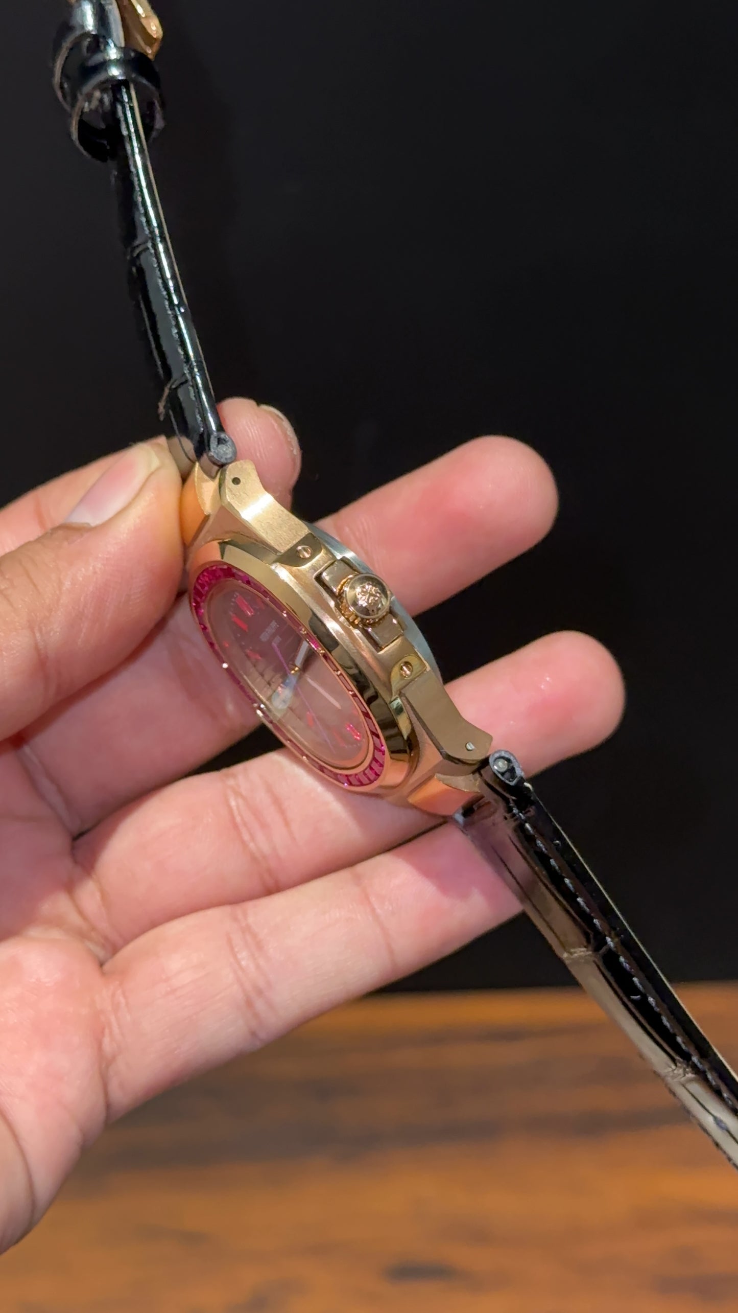 Pp Rose | Auto | Pink Diamond Bezel | Black Leather Strap | Black Dial | Pink Digits