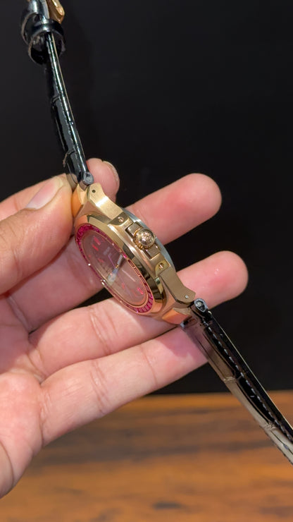 Pp Rose | Auto | Pink Diamond Bezel | Black Leather Strap | Black Dial | Pink Digits