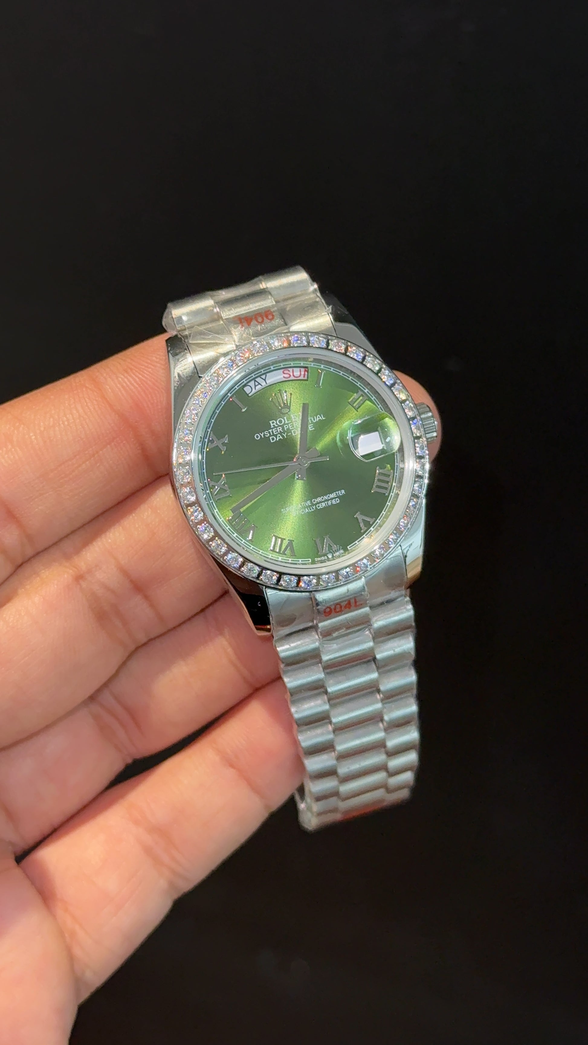 Daydate | 36mm | Silver Chain | Diamond Case | Light Green Dial - twentyfour
