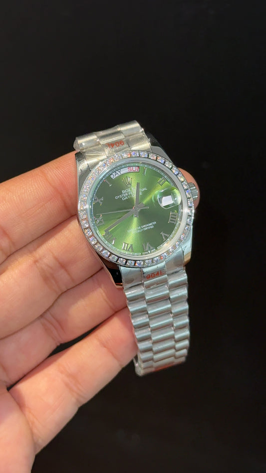 Daydate | 36mm | Silver Chain | Diamond Case | Light Green Dial - twentyfour