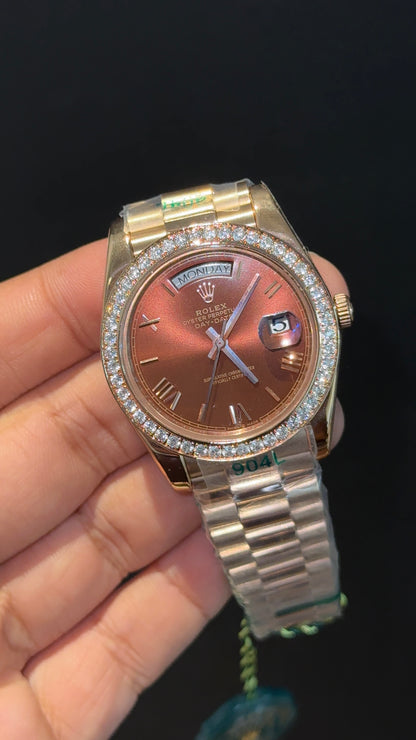 DayDate | Diamond Bezel | Rose Chain | Brown Index Dial
