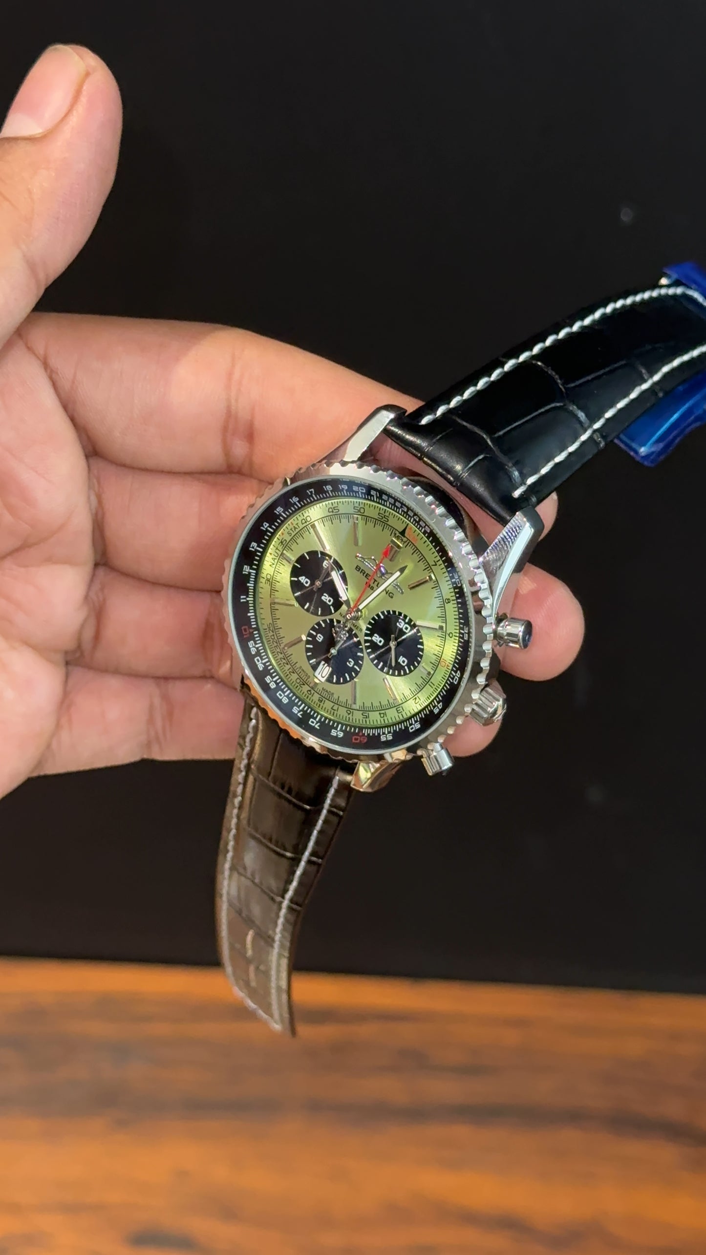 Brietling | Black Leather Strap | Black Chrono | Olive Green Dial