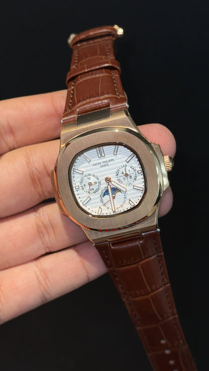 Pp Auto | Moonphase | Chrono | Rose Case | Brown Leather Strap | White Dial