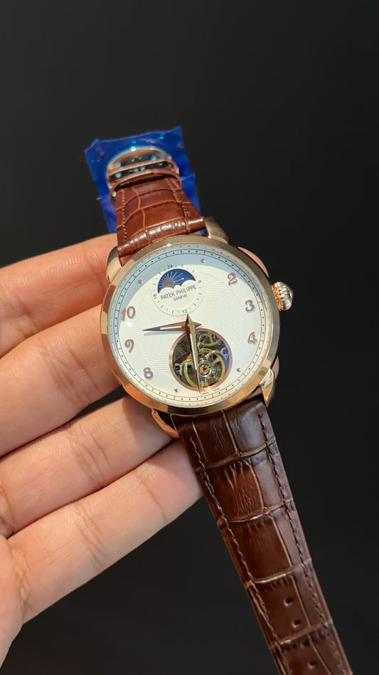 PP Auto | Rose | Pendulum | MoonPhase | Brown Leather Strap | White Textured Dial