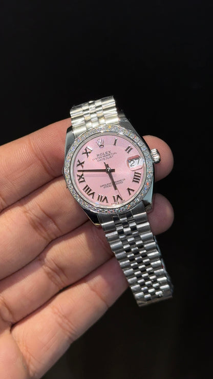 Premium DateJust | Eveline | Diamond Bezel | 30mm | Women | Silver Chain | Light Pinkish Dial