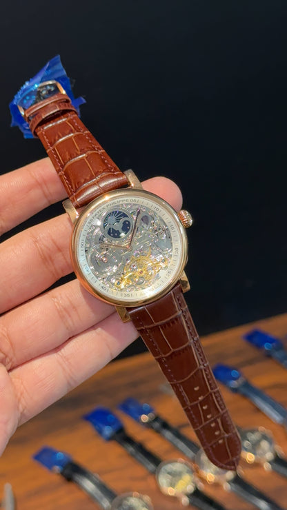 Patek Rose | Moonphase | Pendulum | Brown Leather Strap | Grey Machine Dial