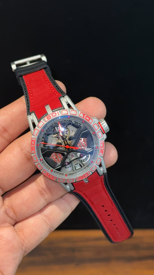Premium Roger Dubuis | Silver | RD630 | Excalibur Spider | Red Strap | Pendulum | Silver Dial