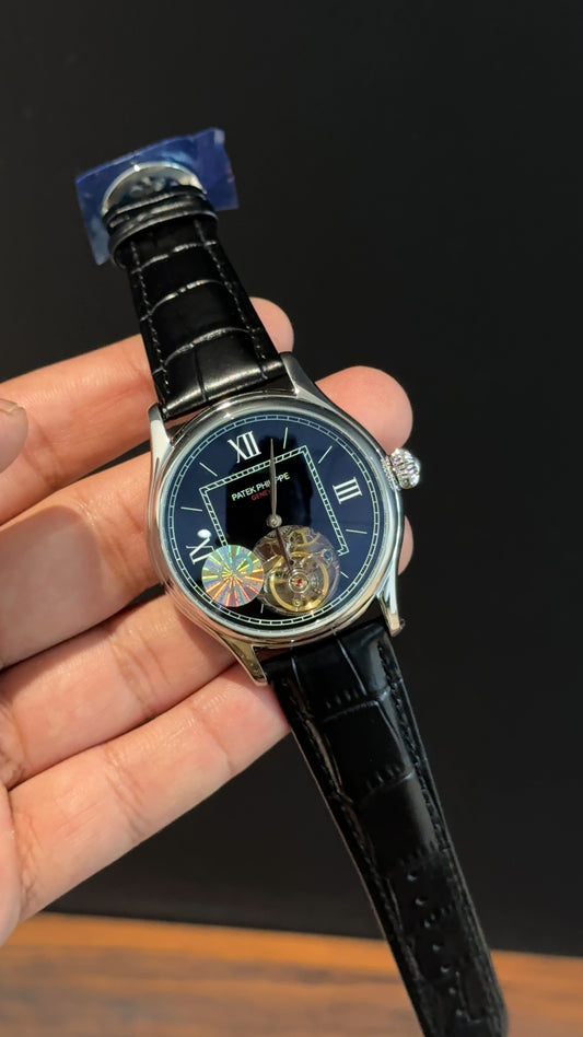 Pp Auto | Gold Pendulum | Black leather strap | Black Dial