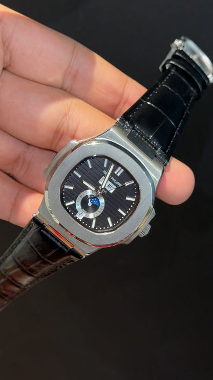 Pp Auto | Moonphase | Yearly Edition | Silver Case | Black Leather Strap | Black Dial