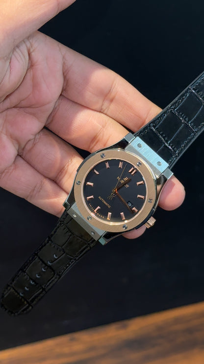 Hublot Auto | Rose Silver  Case | Black Leather Strap | Black Dial