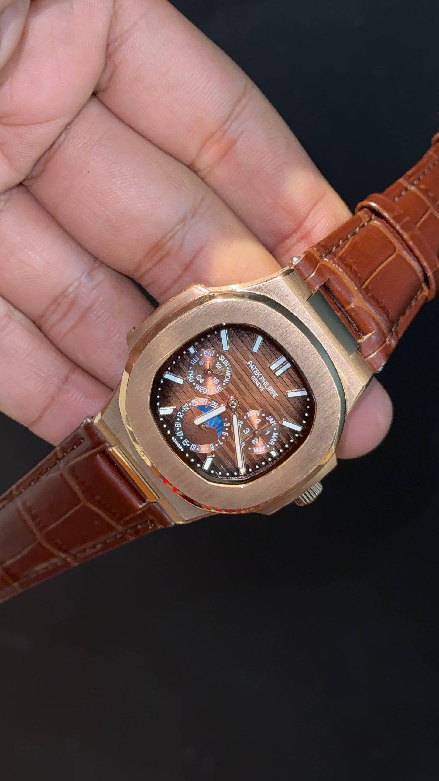 Pp Auto | Moonphase | Chrono | Rose Case | Brown Leather Strap | Choco Brown Dial