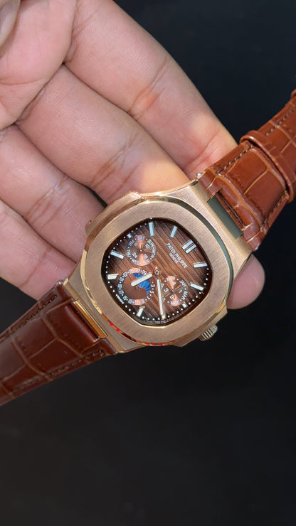Pp Auto | Moonphase | Chrono | Rose Case | Brown Leather Strap | Choco Brown Dial