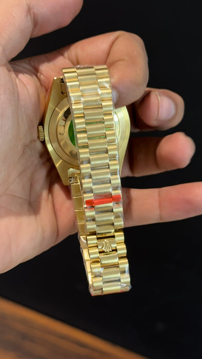 Daydate | Diamond Bezel | Gold Chain | Shady Orange Yellow Dial