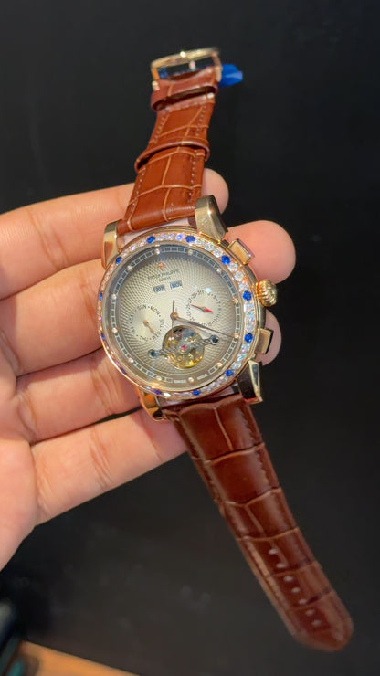 Patek Century | Auto | Rose Diamond Case | Pendulum | Gradient Grey Dial | Brown Leather Strap - twentyfour