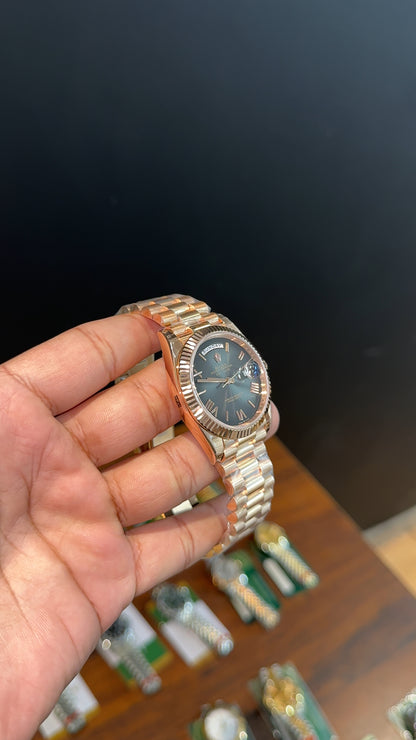 Premium Daydate | 40mm | Rose Chain | New Smoked Black Dial