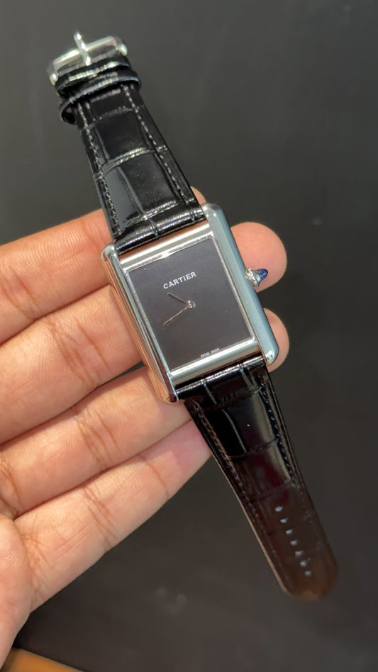 Cartier Tank | Silver | Black Leather Strap | Black Crafted Dial