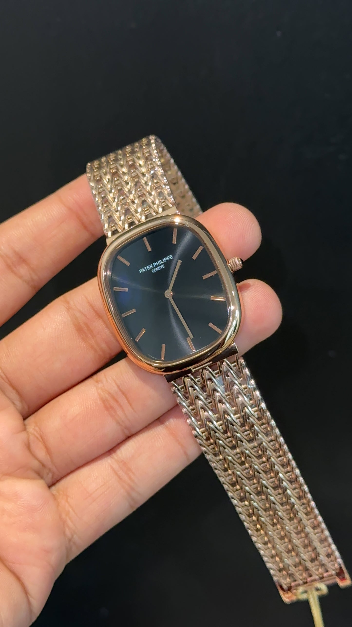 Pp Ellipse | Rose Mesh Chain | Black Ebony Dial