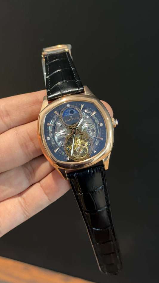 Cartier | Rose | Skeleton | Oval Shape Case | Moonphase | Black Leather Strap |  Black Dial