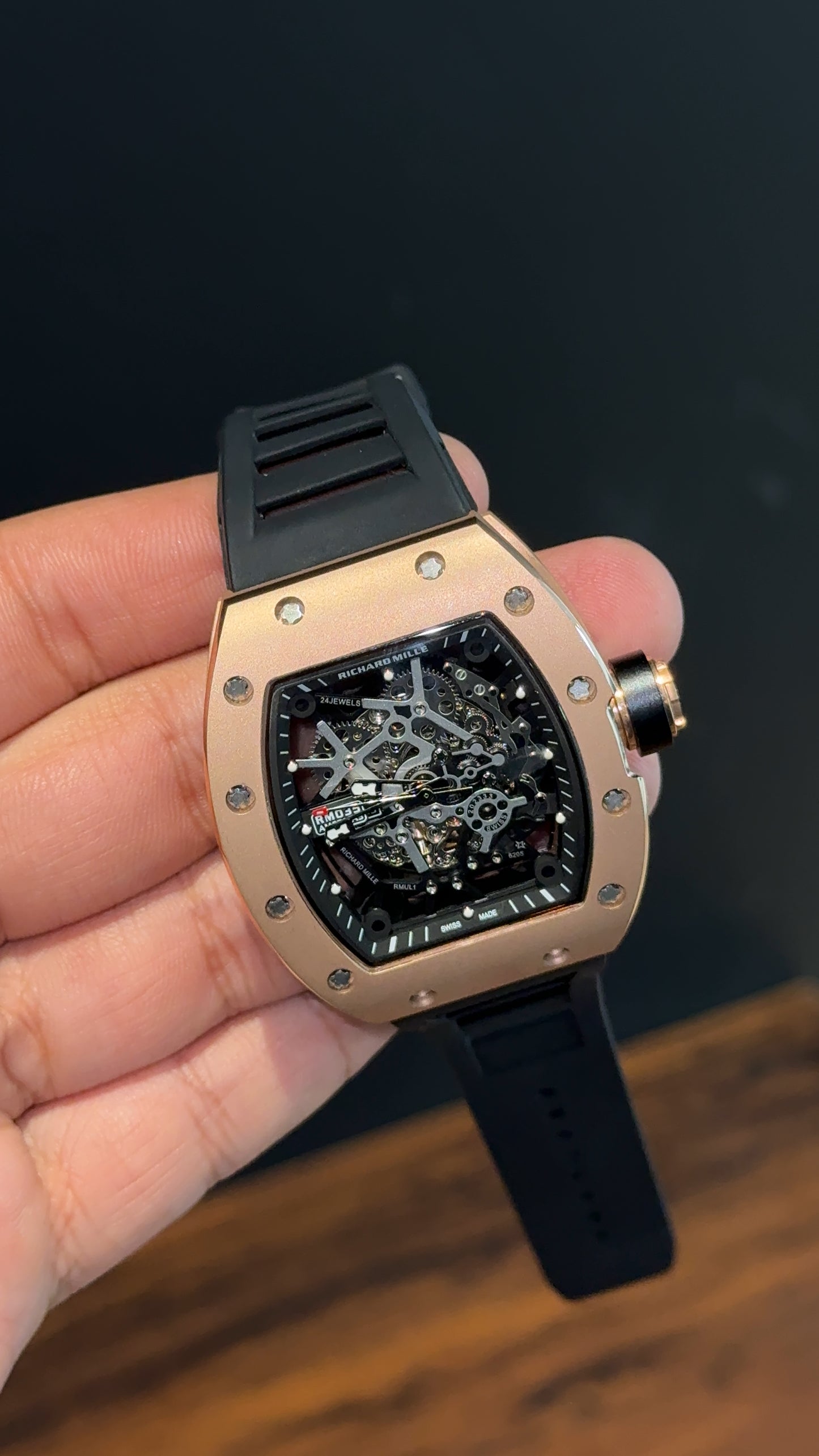 Premium Richard Mille | RM 035 Americas 2 | Rose Case | Skeleton | Black Strap | Black Dial