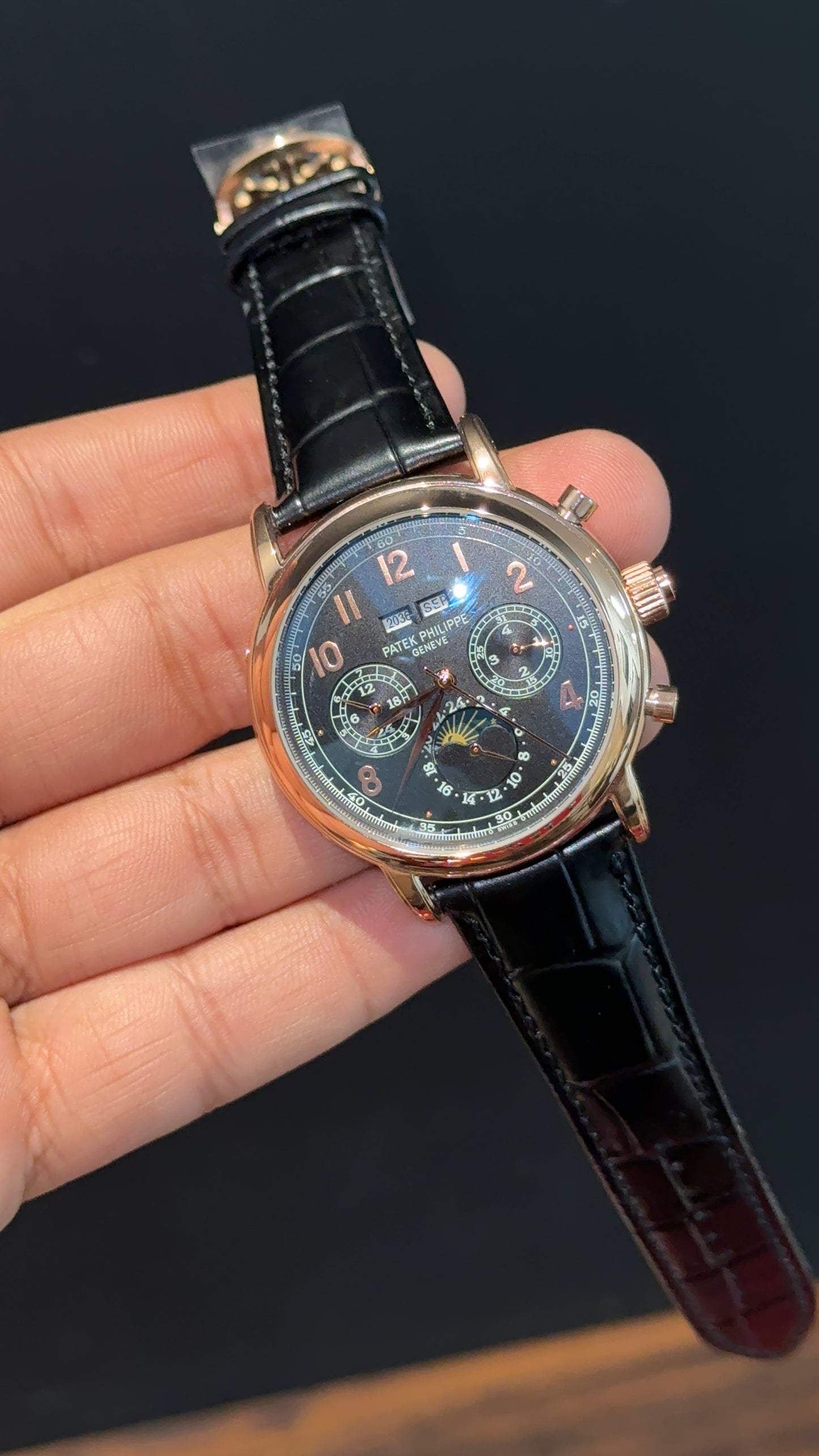 Patek Century | Auto | Rose Case | Black Index Dial | Black leather strap