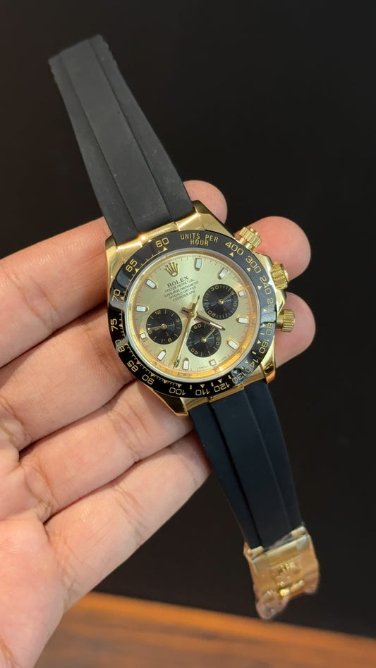 Daytona | Gold | Pvc Strap | Black Chrono | Gold Dial