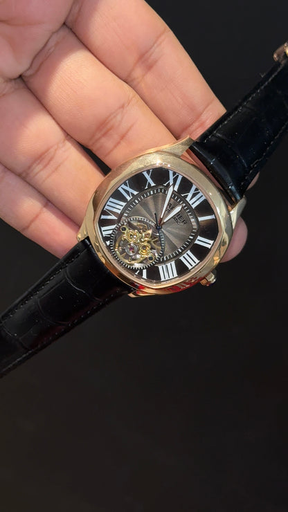 Cartier | Rose Case | Black Leather Strap | Skeleton | Rose Shaady Bkack Dial