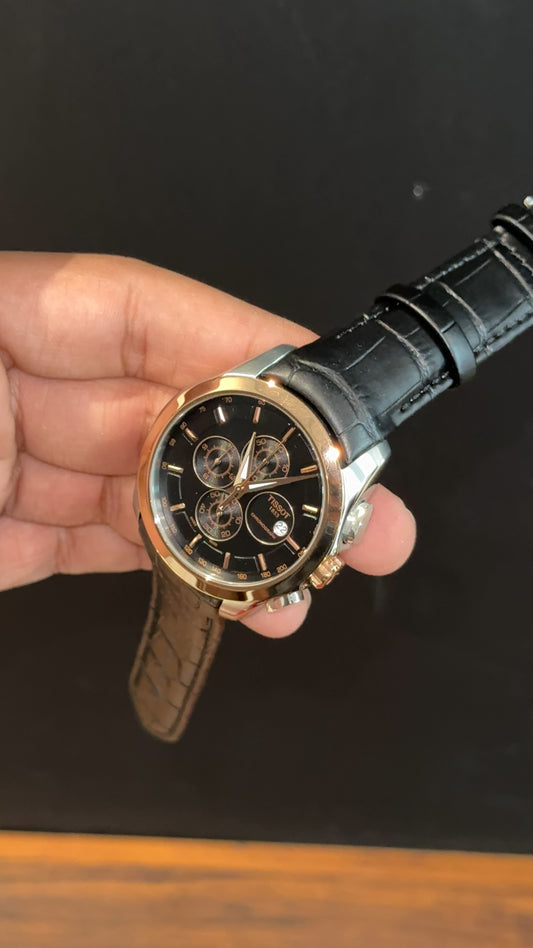 Tissot | Rose Bezel | Chrono | Black Leather Strap | Black Dial