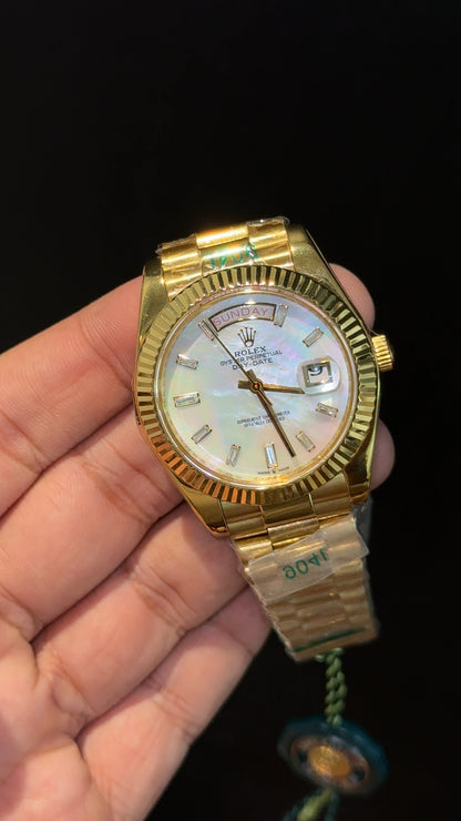 DayDate | Gold Chain | Pearl Digit | Shaddy Rainbow | White Dial