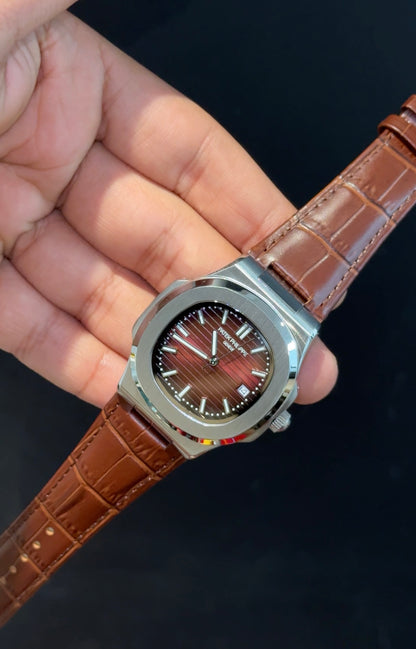 Pp Auto | Brown Leather Strap | Silver Case | Gradient Red Dial
