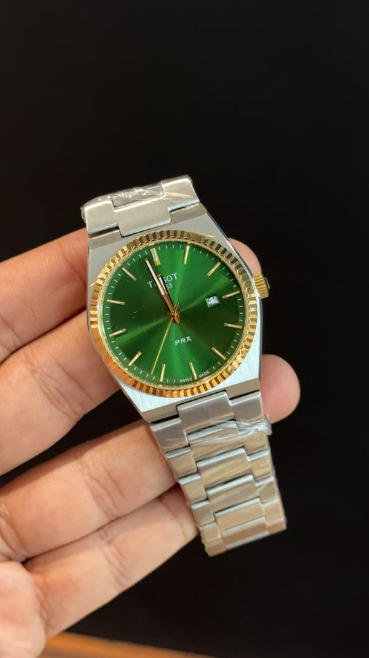 Tissot Prx | Silver Chain | Gold Bezel | Green Plain Dial
