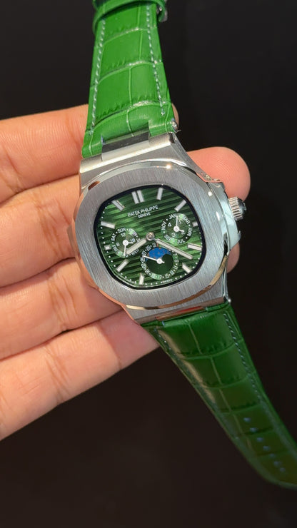 Pp Auto | Moonphase | Chrono | Silver Case | Green Leather Strap | Green Dial