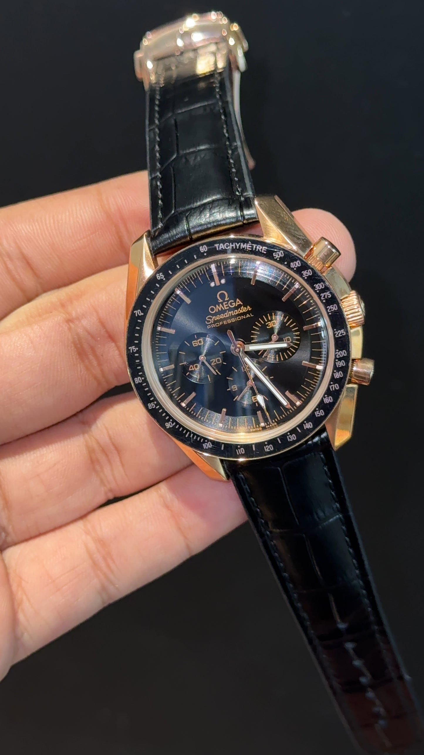 Omega Speedmaster | Rose Black Bezel | Black Strap | Chrono | Black Dial