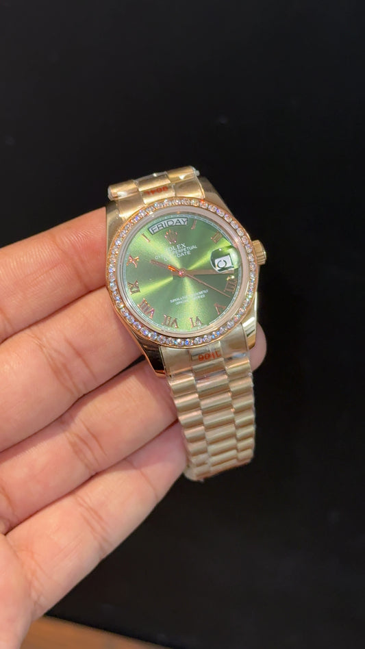 Daydate | 36mm | Diamond Case | Rose Chain | Olive Green Dial - twentyfour