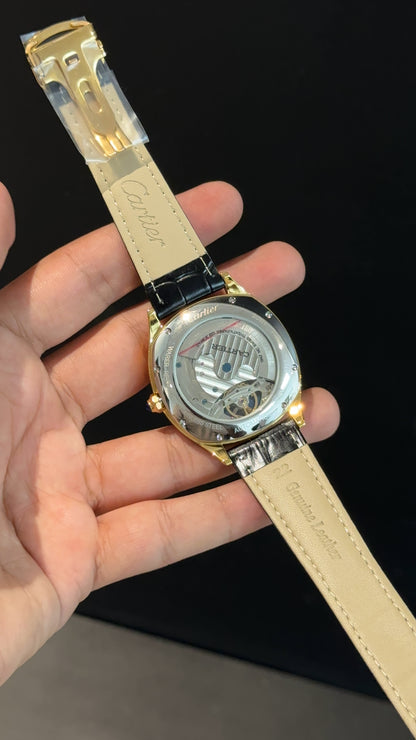 Cartier | Gold Square Bezel | Pendulum | Moonphase | Black Strap | Shady White Blue Dial