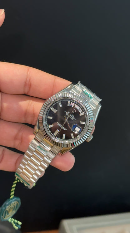 DayDate | Silver Chain | Pearls Digits | Black Dial