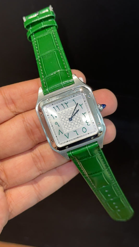 Cartier Dumont Lacquer | Silver Case | Green Leather Strap | White Arabic Dial - twentyfour