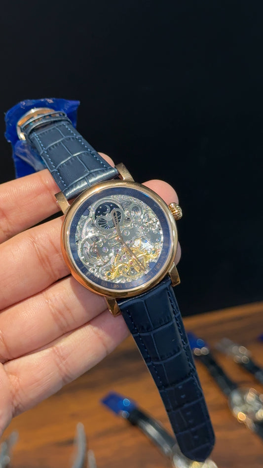 Patek Rose | Moonphase | Yellow Pendulum | Blue Leather Strap | Grey Machine | Blue Dial