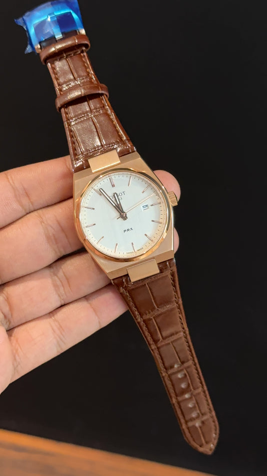 Tissot Prx | Rose Case | Brown Leather Strap | White Dial