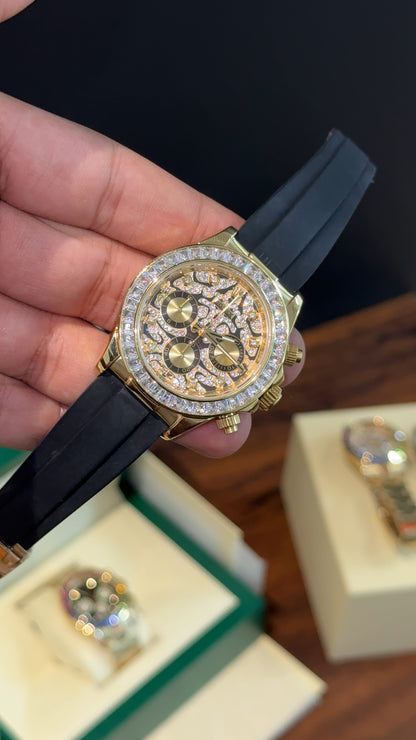 Daytona Gold | Diamond Case | Black Pvc Strap | Diamond Digit | Chrono | Gold Pearl Dial