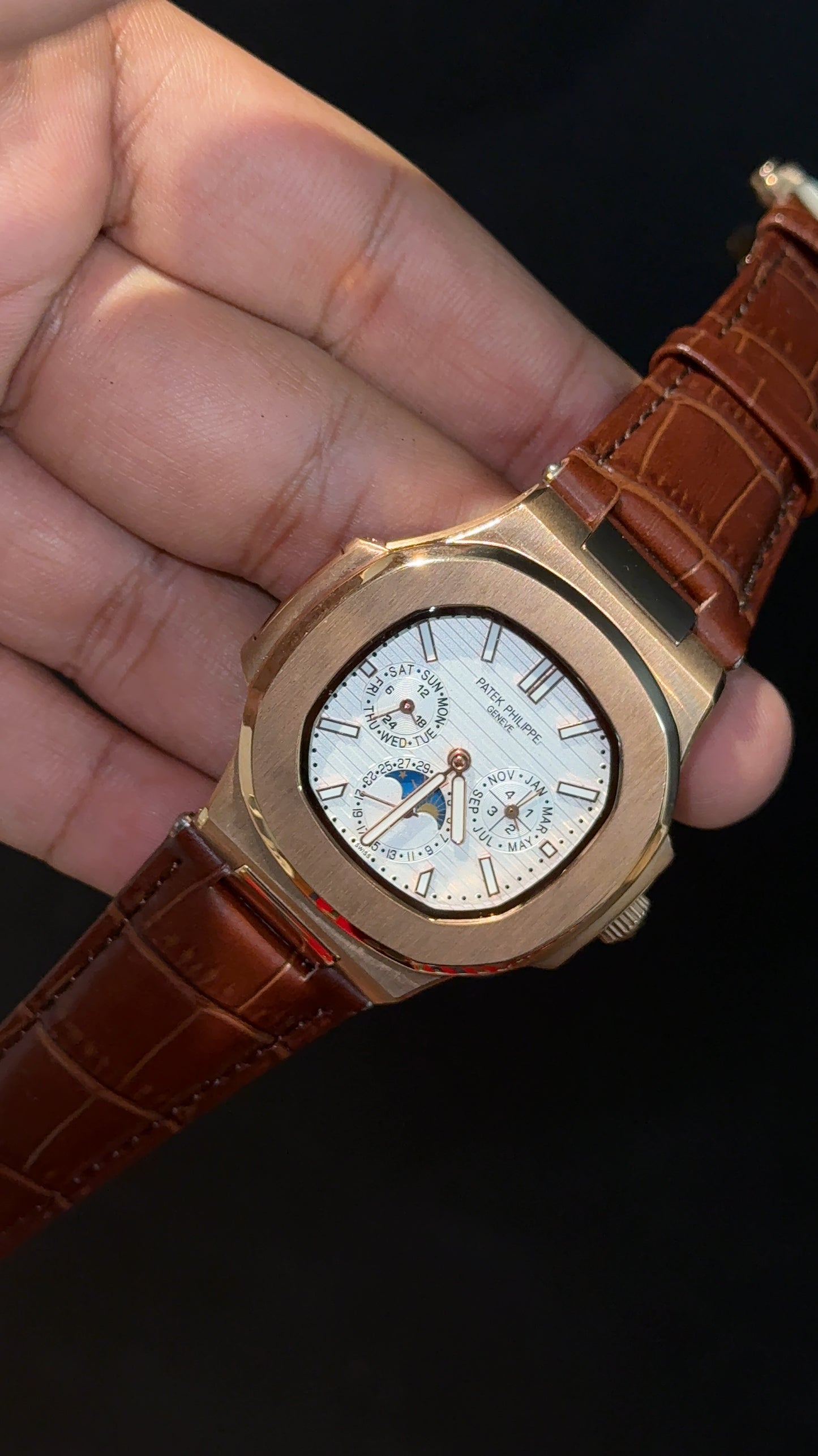 Pp Auto | Moonphase | Chrono | Rose Case | Brown Leather Strap | White Dial