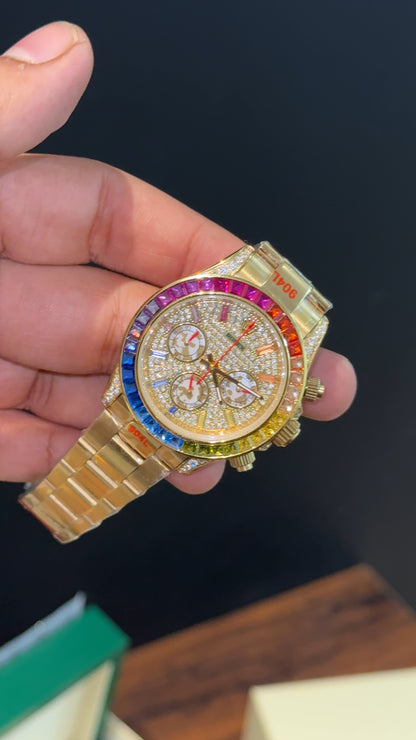 Daytona | Rainbow Diamond Case | Gold Chain | Rainbow Digit |Chrono | Gold Pearl Dial