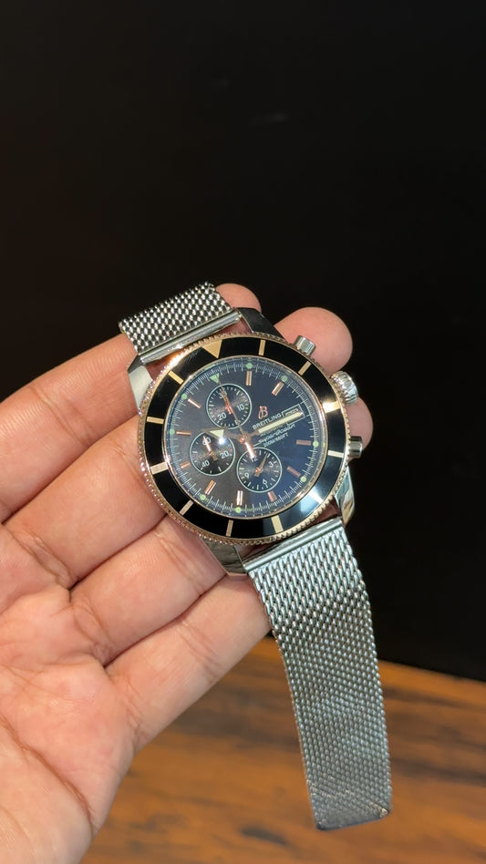 Brietling | Silver Magnetic Chain |Chrono | Orange digits Black Dial