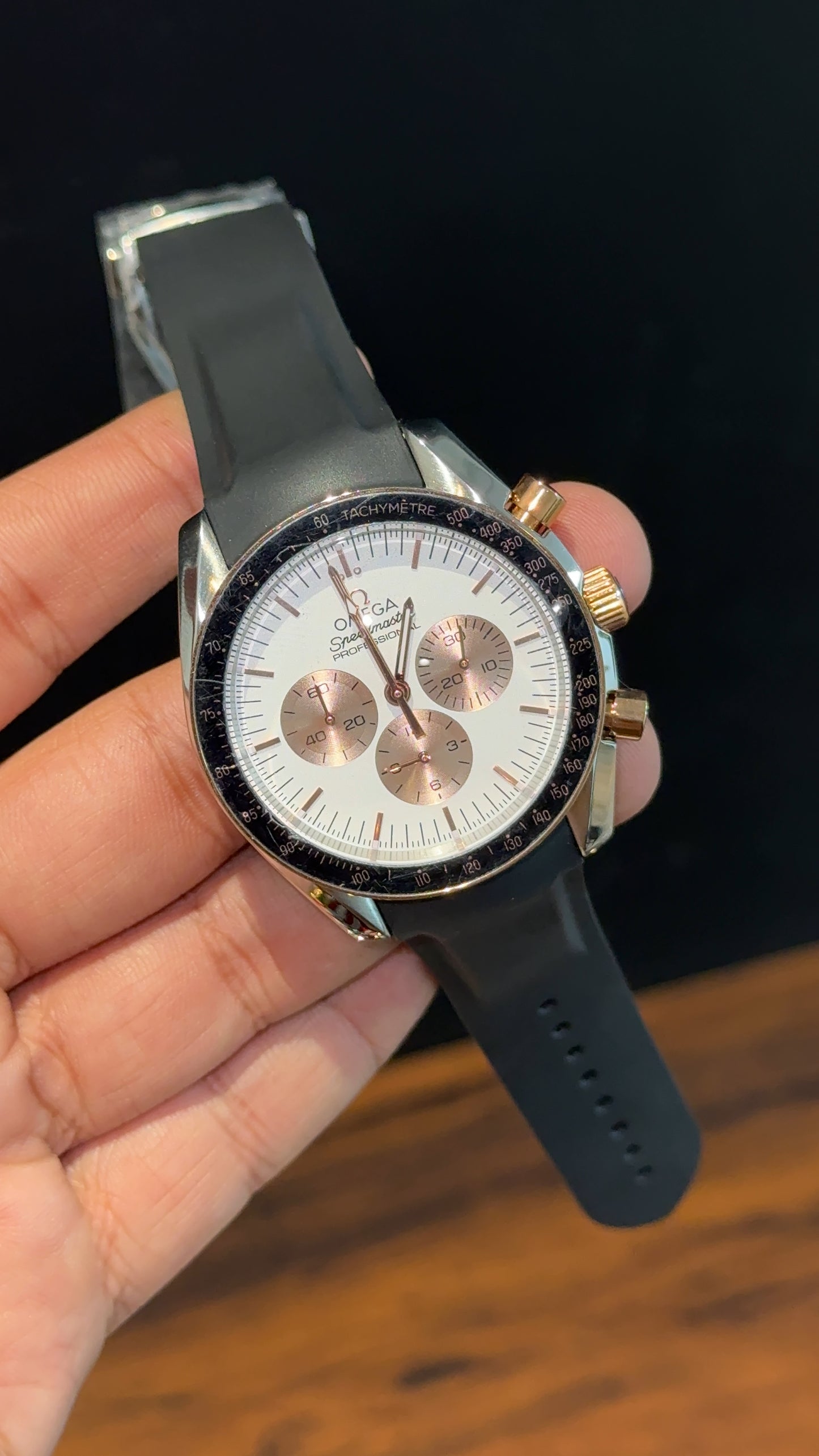 Omega Speedmaster | black Strap | Silver Rose Case | Rose Chrono | White Dial