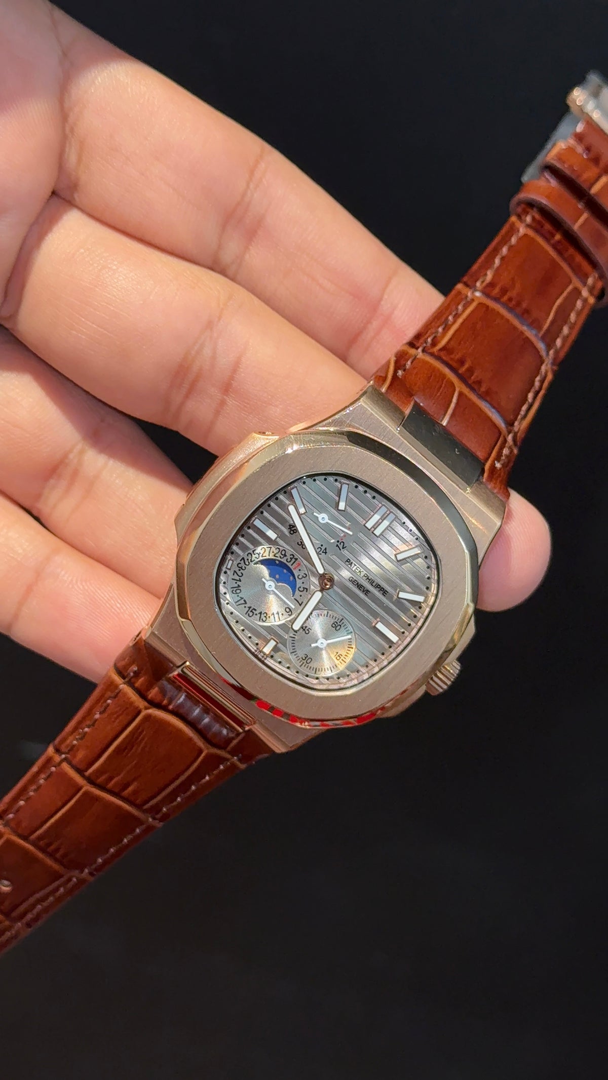 Pp Auto | Rose Case | Brown Strap | Moonphase | Sub Grey Dial