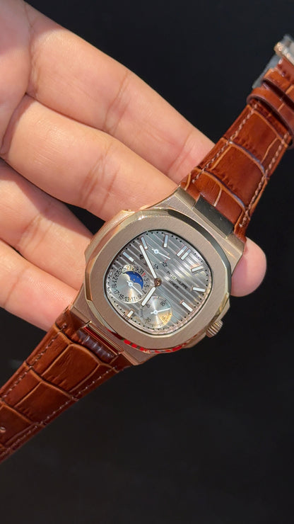 Pp Auto | Rose Case | Brown Strap | Moonphase | Sub Grey Dial