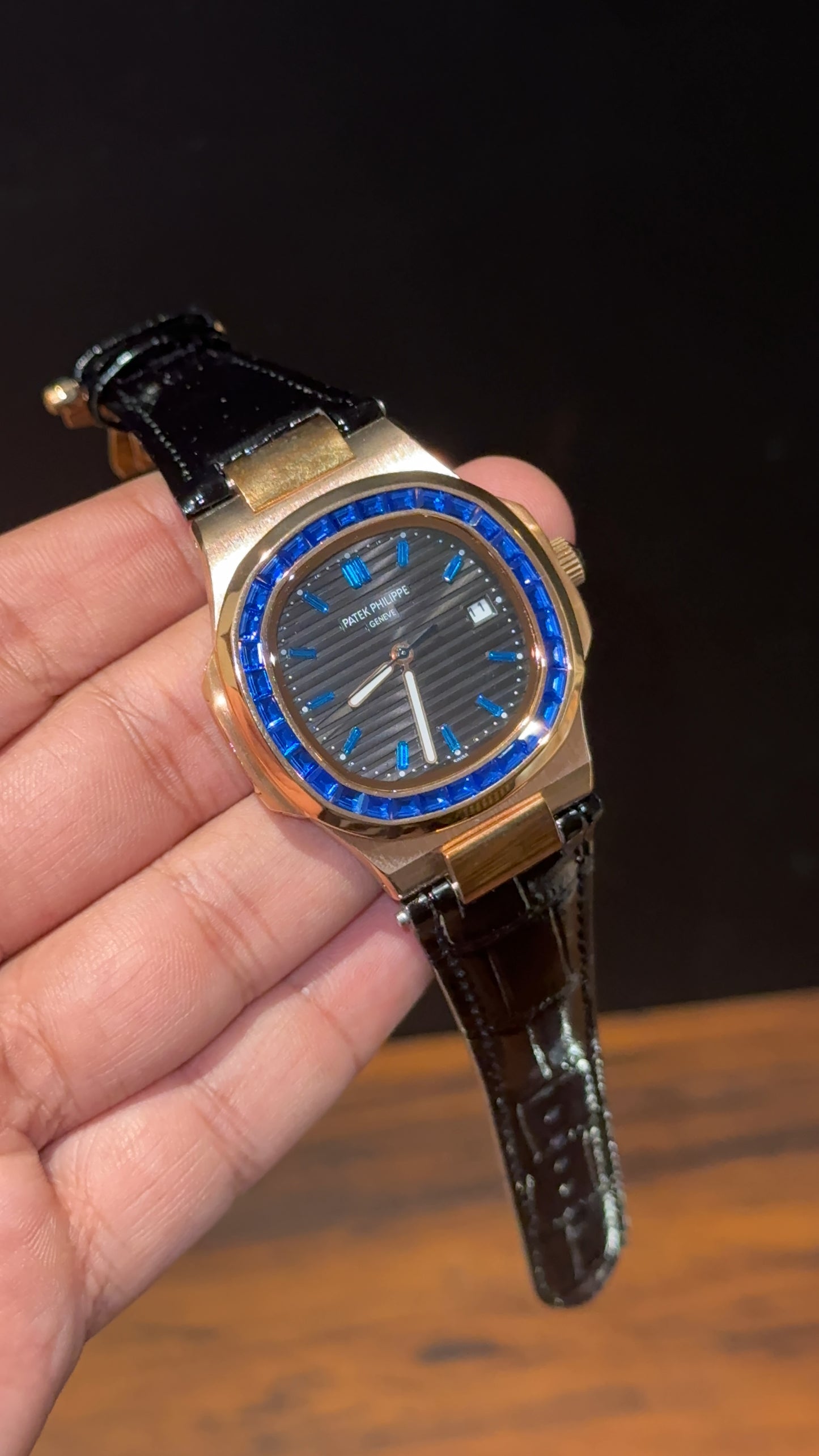 Pp Rose | Auto | Blue Diamond Bezel | Black Leather Strap | Black Dial | Blue Digits