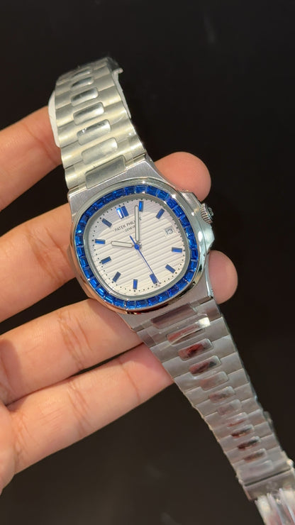 PP Auto | Blue Diamond Bezel | Silver Chain | White Dial