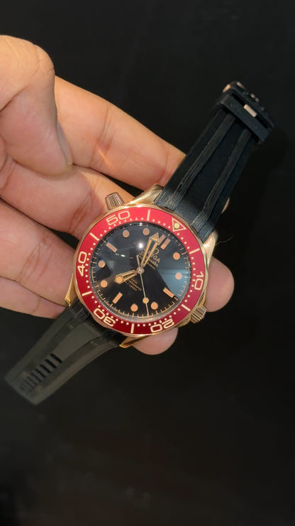 Omega Seamaster | Rose Red Bezel | Black Strap | Black Plain Dial - twentyfour