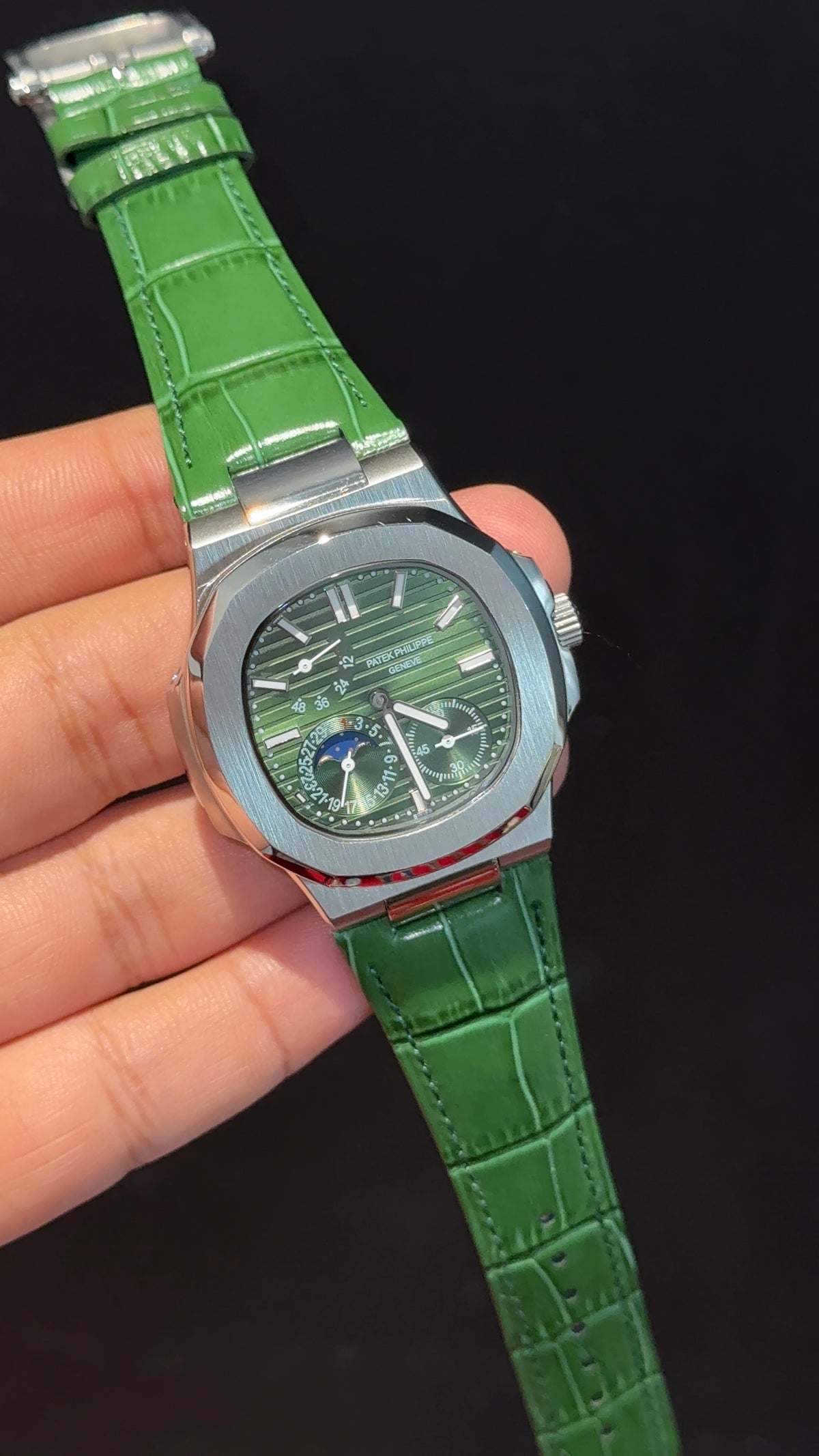 Pp Auto | Silver Case | Green Strap | Moonphase | Sub Green Dial